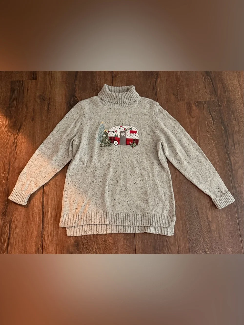 Vintage Christopher & Banks Christmas Camper Sweater Cowl Neck Gray Knit